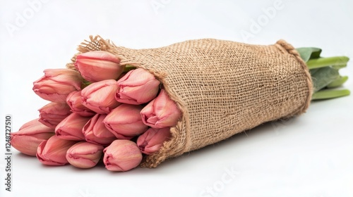 Beautiful pink tulips wrapped in burlap for a lovely gift or decoration