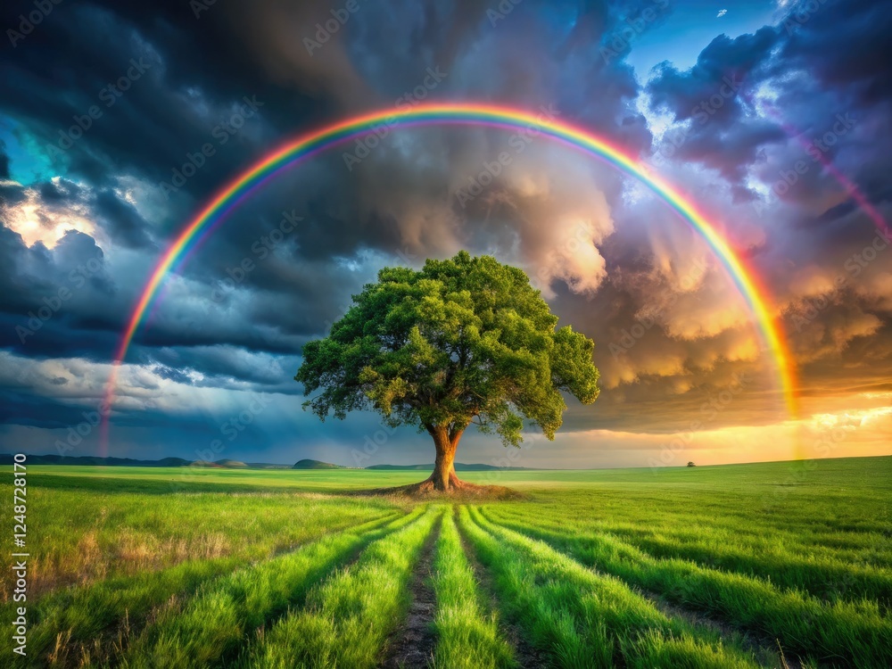 Stormy skies rage over a vibrant green field, a lone tree's exposed roots clinging to life beneath a dramatic rainbow. Stormy skies rage over a vibrant green field, a lone tree's exposed roots clinging to life beneath a dramatic rainbow.