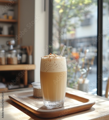 Delicious creamy coffee drink served in a glass at a cozy cafe in the morning...