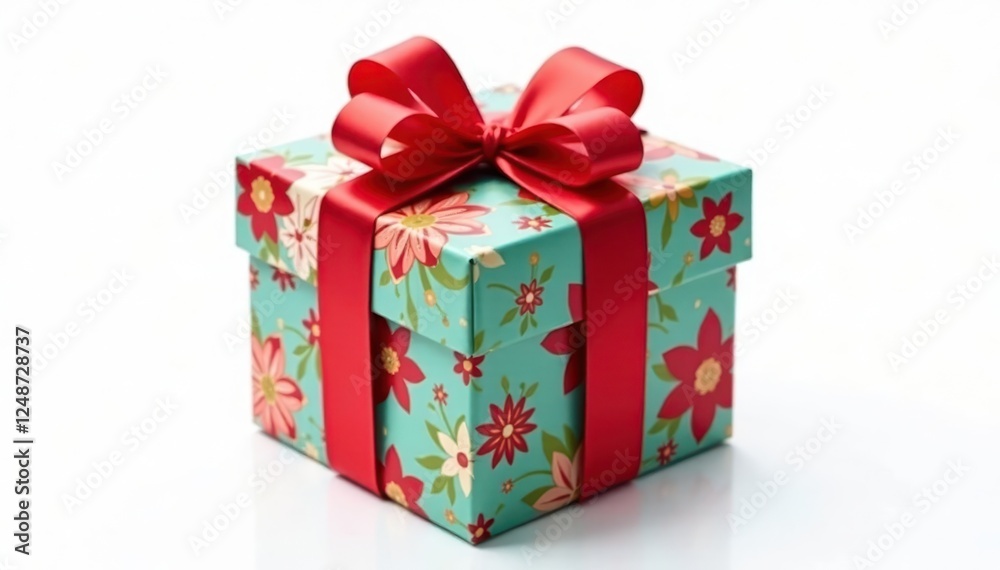 Obraz premium Colorful gift wrapped in red ribbon isolated on white background, packaging, birthday, red ribbon