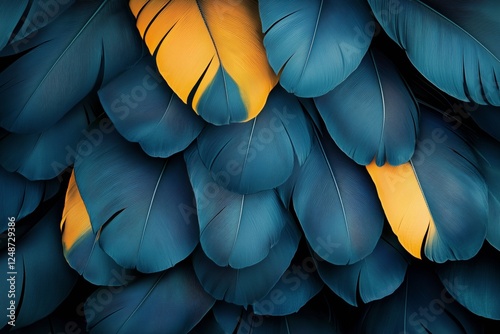 Vibrant blue and yellow feathers closely stacked creating a striking texture ...