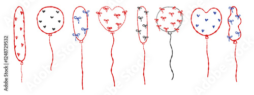 Hand drawn balloons set decorated with cute bows and ribbons. Contemporary design of heart shaped balloons with coquette bowknots. Doodle vector design elements.