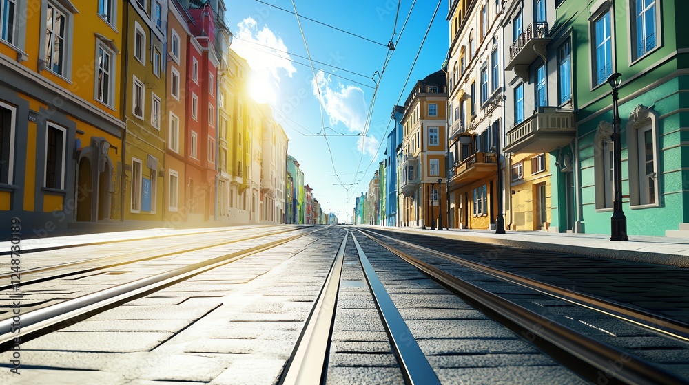 Naklejka premium Street with tram tracks, European vibe, nostalgic feel, 3D illustration