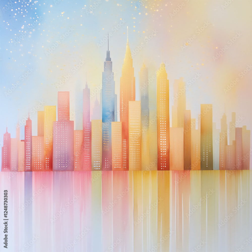 Obraz premium sunrise over a city skyline watercolor