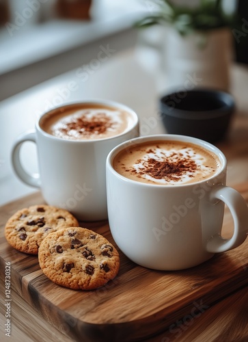 Warm coffee cups with chocolate chip cookies on wooden tray in cozy setting