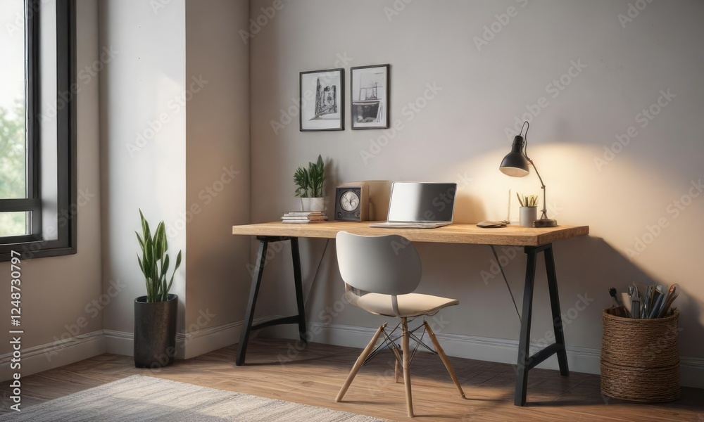 Small desk with plenty of free space and natural light, organized workspace, clean lines, minimalist office