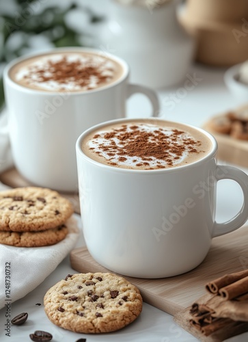 Warm coffee cups beside freshly baked cookies on a cozy kitchen table