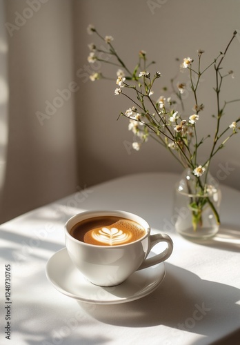 Relaxing moment with latte art and fresh flowers in a cozy cafe setting