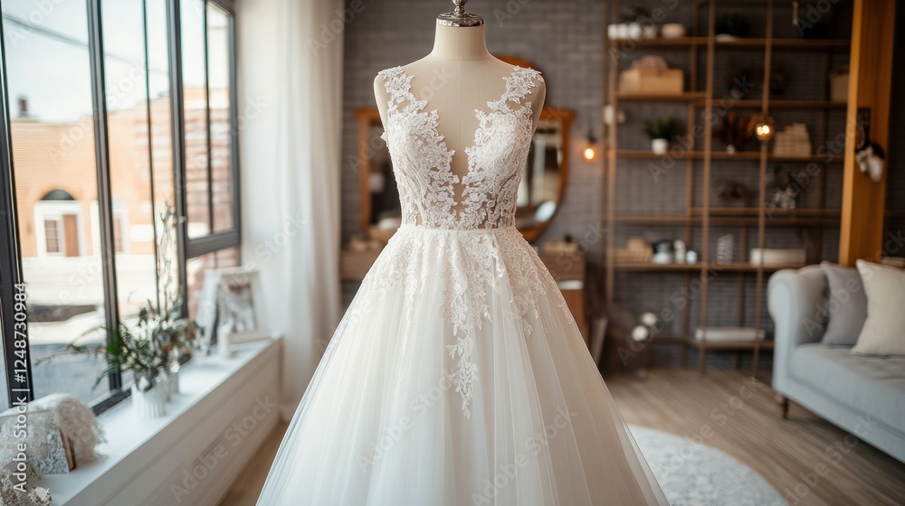 Elegant A-line wedding dress on display in bridal shop. Elegant A-line wedding dress on display in bridal shop.