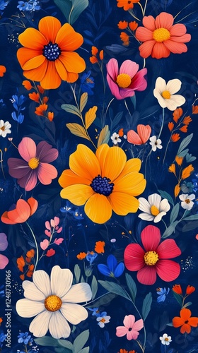 Colorful floral design with vibrant flowers in various shapes on a dark backg...