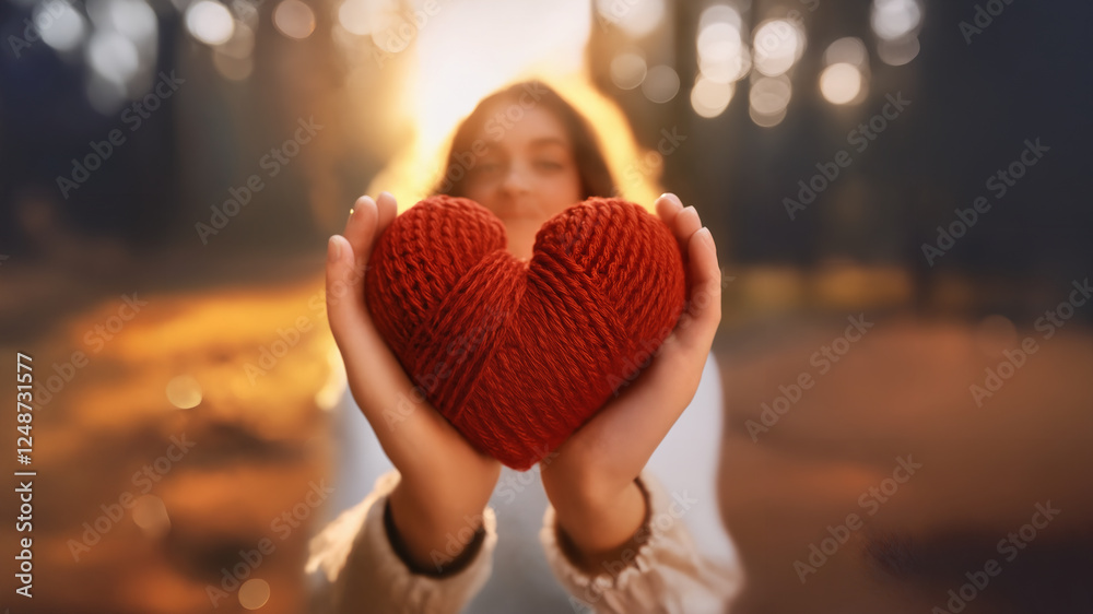 Fototapeta premium Woman holding red heart, valentines day heart
