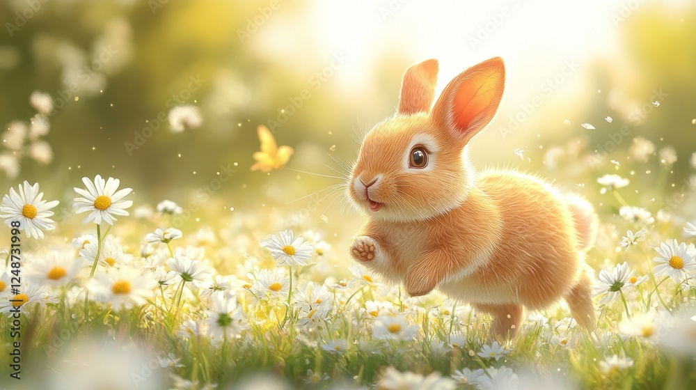 Fototapeta premium Cute bunny running through a field of daisies in spring sunshine.