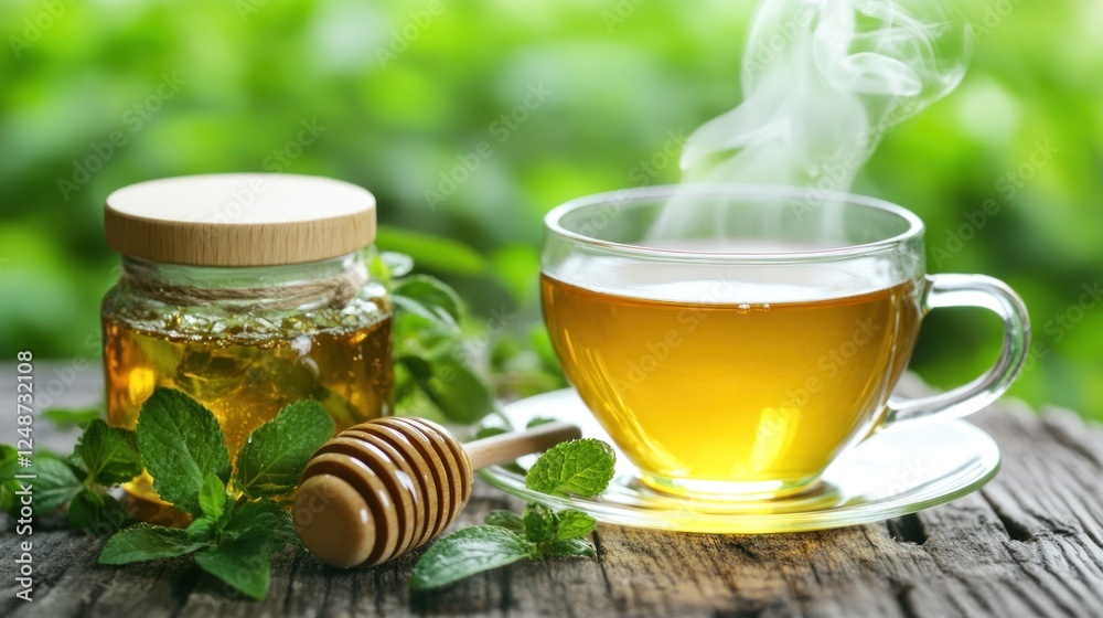 Honey, tea, and mint on a rustic wooden table. Peaceful summer scene. Possible use stock photography for wellness, healthy drinks, or nature Honey, tea, and mint on a rustic wooden table. Peaceful summer scene. Possible use stock photography for wellness, healthy drinks, or nature