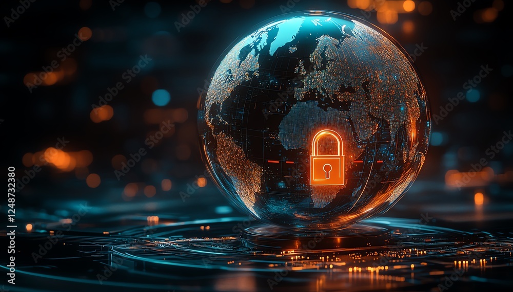 Fototapeta premium 3D digital globe with a holographic padlock, glowing circuit board details, and a dark hightech backdrop, global protection theme