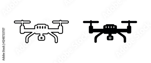 Icon vector illustration with unmanned airplane on white isolated background, quadrocopter, drone silhouette