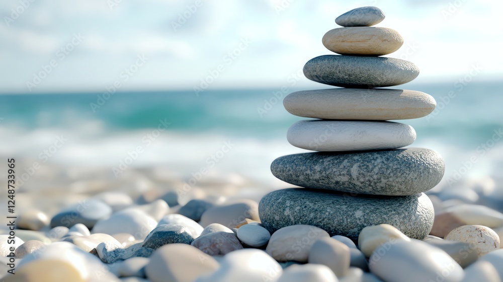 Zen beach, stacked stones, peaceful meditation vibe, 3D illustration Zen beach, stacked stones, peaceful meditation vibe, 3D illustration
