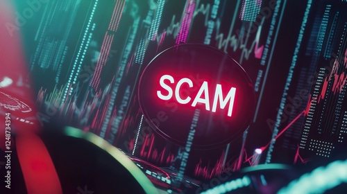 Glowing scam warning sign over digital stock market chart with financial data visualization, shallow focus