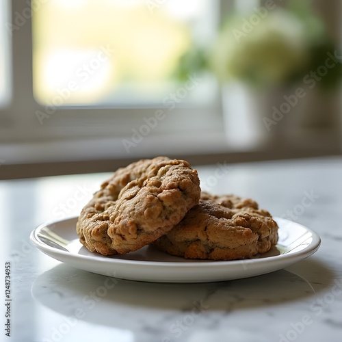 Plate of Chocolate Chip Cookies. Home-baked Chocolate Chip Cookies Delicious homemade cookies with chocolate chips and raisins in a bowl, perfect for a snack or dessert.