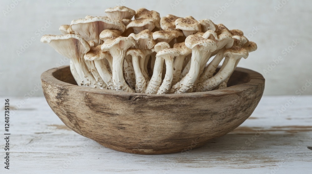 Clustered mushrooms in wooden bowl on white table. Possible use Food photography, healthy cooking, culinary content Clustered mushrooms in wooden bowl on white table. Possible use Food photography, healthy cooking, culinary content