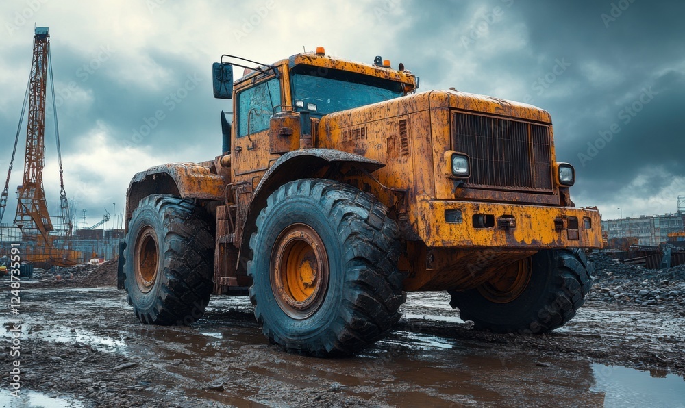 Heavy machinery working in muddy construction site during overcast day Heavy machinery working in muddy construction site during overcast day