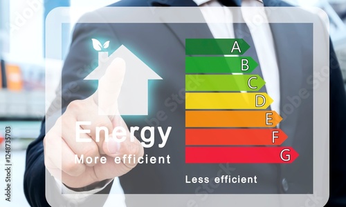 A professional analyzes a sketched energy efficiency chart with green and red bars for building assessments. Benchmarking banner. Compare quality with other companies for improvement