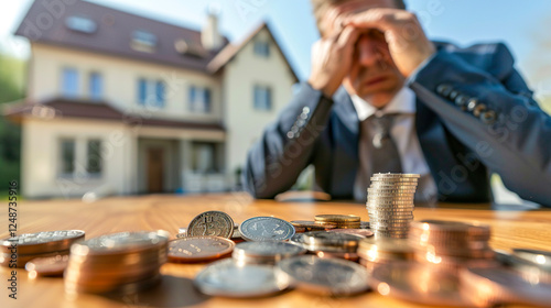 Stressed man bankrupt on house background. No money to pay mortgage payments, expenses and credit card debt. Financial problem, bankruptcy, mortgage arrears concept photo