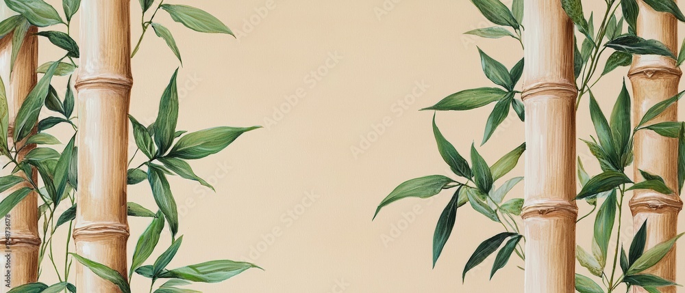 Detailed Pencil Sketch of Bamboo Barrier Surrounded by Lush Green Leaves on a Soft Background Detailed Pencil Sketch of Bamboo Barrier Surrounded by Lush Green Leaves on a Soft Background