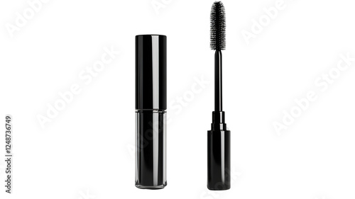 A single mascara tube, isolated on a transparent background, showcasing its elegant packaging and thick brush for volumizing lashes. photo