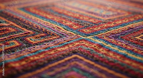 Intricate Handwoven Textile Pattern Photography - Colorful Ethnic Geometric Design Carpet, Perfect for Interior Design and Art Projects