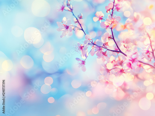 branch of delicate cherry blossoms in full bloom against dreamy pastel background, with soft pink and blue hues creating serene and warm spring atmosphere