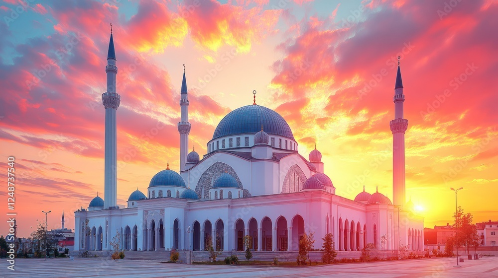 Obraz premium Majestic Mosque at Sunset: A Breathtaking View of Architectural Grandeur