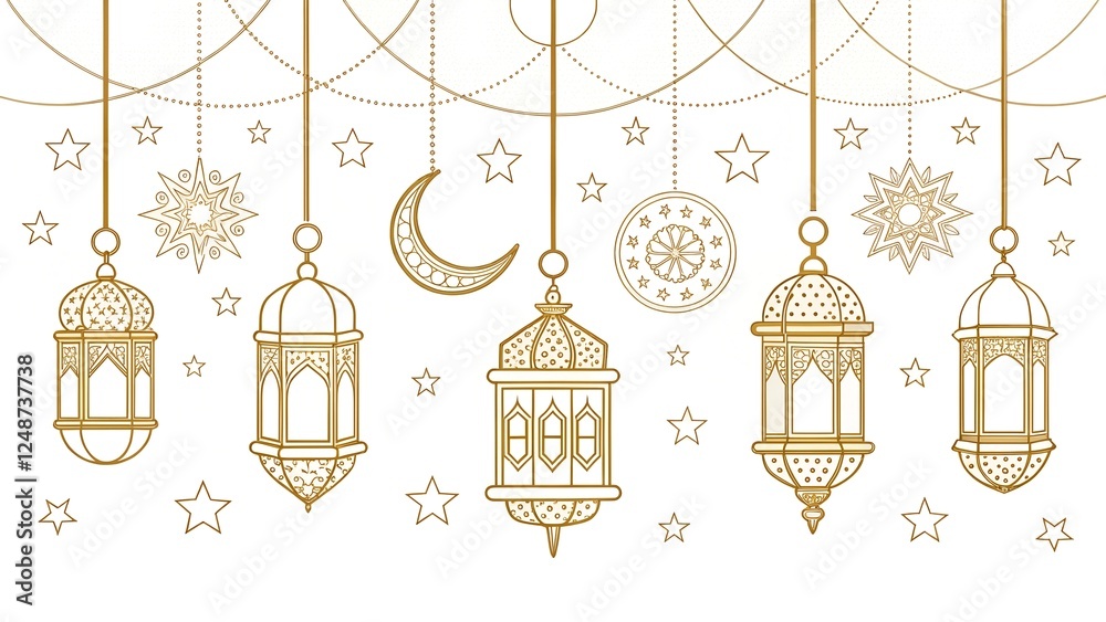 Fototapeta premium Elegant Golden Ramadan Lanterns with Crescent Moon and Stars