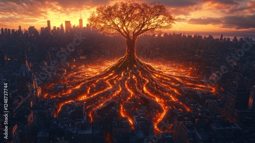Fiery tree roots engulfing city at sunset.