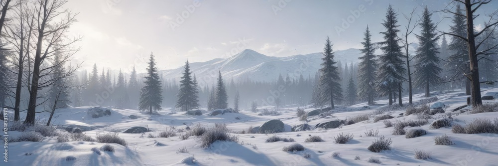 Obraz premium Snowflakes gently falling on a winter landscape, frosty mornings, white, cold