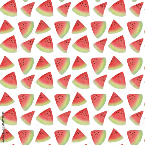 Seamless Pattern of Vibrant Watermelon Slices on a White Background. Bright and cheerful design of watercolor watermelon slices ideal for home decor and textile products