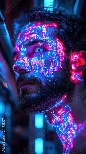 Futuristic hacker in neon-lit underground lab experiences digital distortion in a mysterious cyber-thriller atmosphere