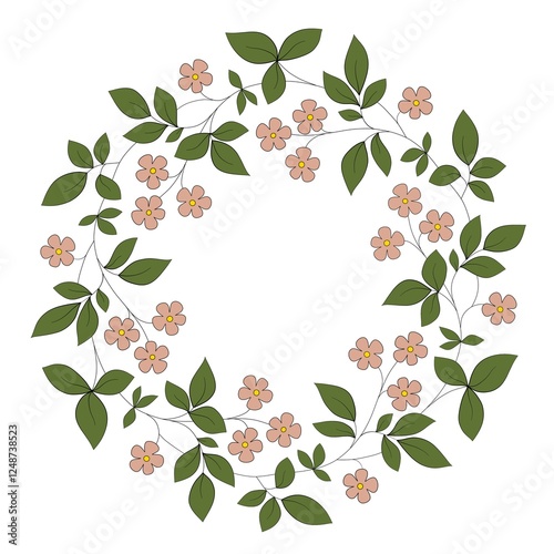 Hand-Drawn Floral Wreath with Green Leaves and Blush Pink Flowers. Showcasing ornate design with meticulous detailing, perfect for invitations, greeting cards. Wreath of flowers