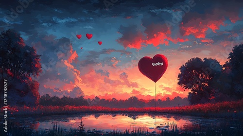 A stunning sunset landscape features a vibrant sky filled with clouds and floating heart-shaped balloons, reflecting romance and warmth over a serene lake. photo