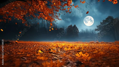 Serene autumn landscape featuring vibrant orange leaves falling under a full moon at night