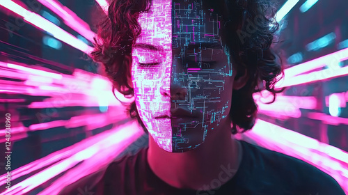 Futuristic hacker in neon-lit lab with cyber-avatar face distortion and digital effects creates a mysterious tech atmosphere
