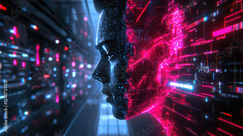 Futuristic hacker in neon-lit underground lab with cyber-avatar distortion in dark tech environment