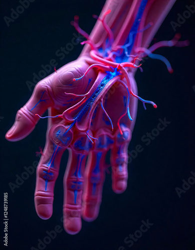 Detailed hand anatomy with prominent vascular system illustration
