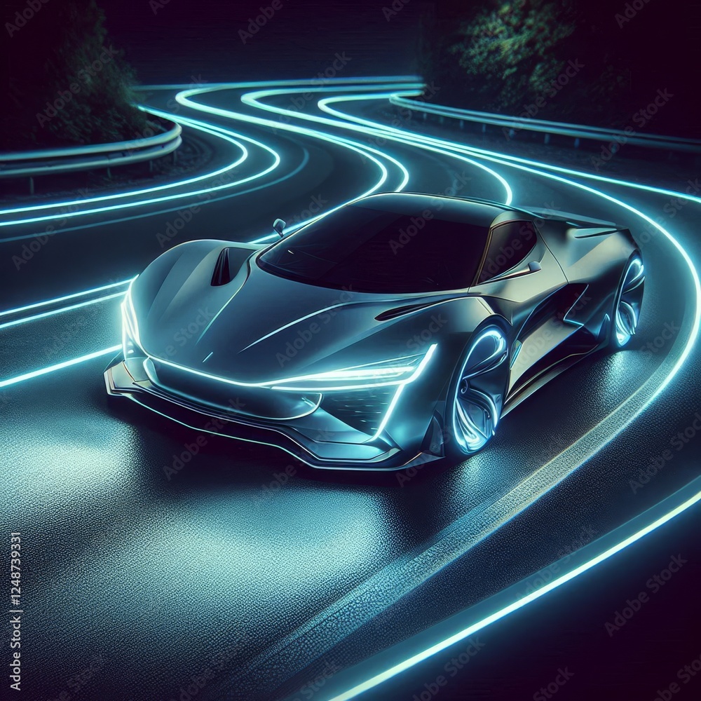 Fototapeta premium futuristic silver sports car in motion on a winding road at night 