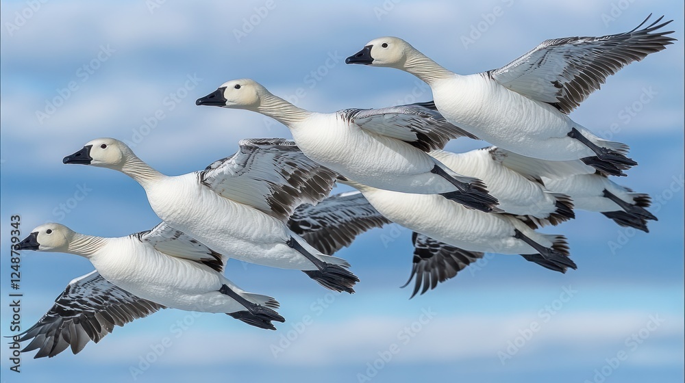 Obraz premium Four snow geese in flight against a blue sky.