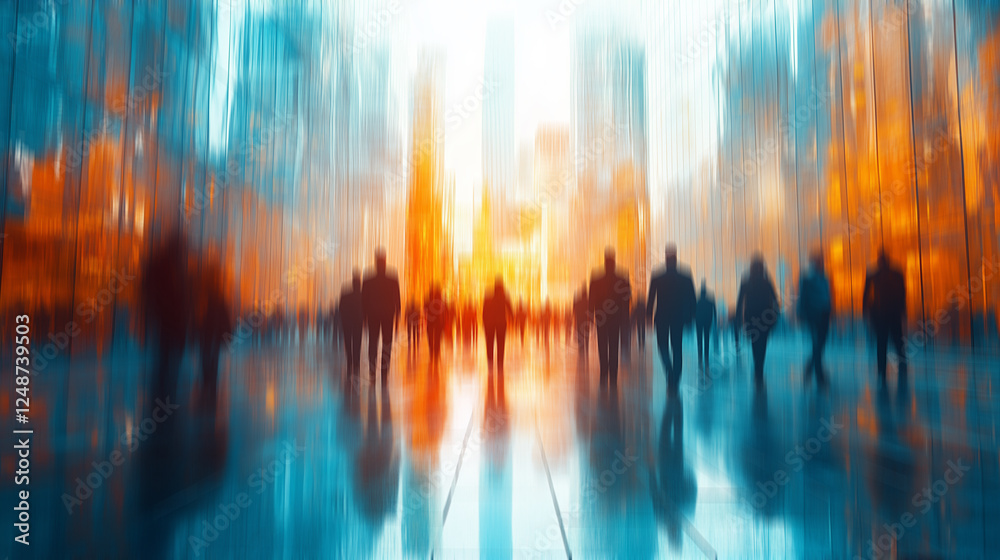 An urban scene with blurred silhouettes of people reflected in a shiny floor surrounded by glass skyscrapers creating a futuristic atmosphere.. An urban scene with blurred silhouettes of people reflected in a shiny floor surrounded by glass skyscrapers creating a futuristic atmosphere..