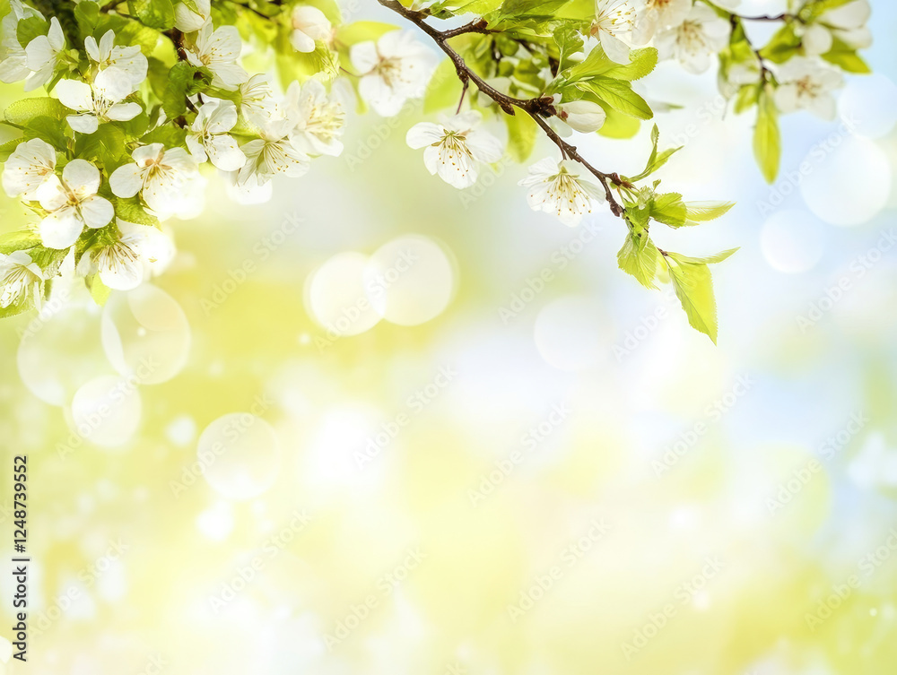 White blossoms on tree branch with green leaves against soft bokeh background, evoking sense of springtime warmth and renewal White blossoms on tree branch with green leaves against soft bokeh background, evoking sense of springtime warmth and renewal