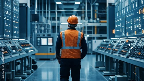 Engineer monitoring data streams in a power plant control room.