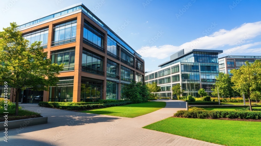 A wide-angle view of a corporate business park with multiple modern office buildings, lush landscaping, and a cloudless blue sky. A wide-angle view of a corporate business park with multiple modern office buildings, lush landscaping, and a cloudless blue sky.
