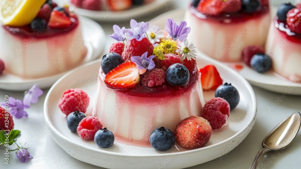 A refreshing summer dessert with strawberries, raspberries, and blueberries placed on a white plate, garnished with edible flowers and a hint of lemon zest. A refreshing summer dessert with strawberries, raspberries, and blueberries placed on a white plate, garnished with edible flowers and a hint of lemon zest.