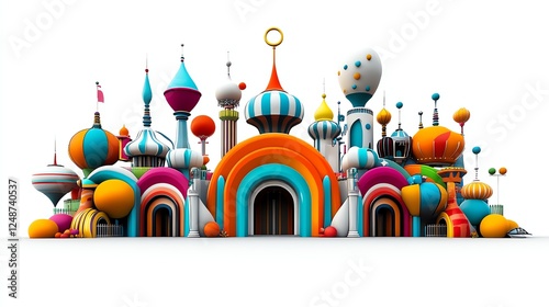 a vibrant theme park entrance, grand archway, colorful decorations, magical atmosphere, ultradetailed, isolated on white background